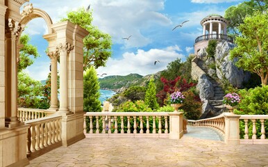 Beautiful view of the sea coast with a rotunda on the mountain. The fresco. Photo wallpapers.