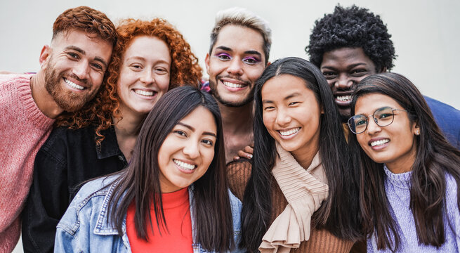 Group of young multiracial people smiling on camera - Friendship and diversity concept