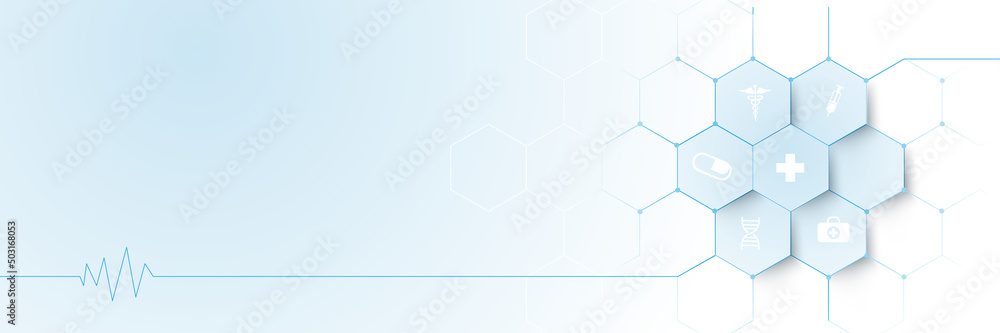 Aufkleber abstract geometric hexagon shape with healthcare medical icons and science background. futuristic te