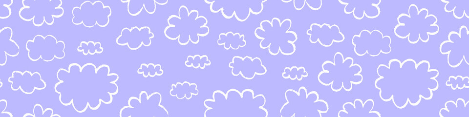 Seamless pattern with chalk drawn clouds. Sky ornament on light purple background. Vector illustration.