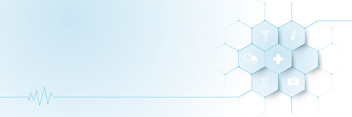 Abstract geometric hexagon shape with healthcare medical icons and science background. Futuristic technology digital hi tech concept. Vector illustration. Vector illustration