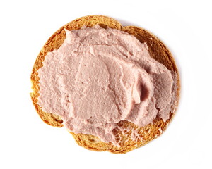 Whole wheat bread slice with liver pate isolated on white, top view