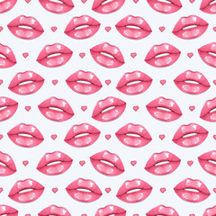 Seamless pattern with lips and hearts. Hand drawn illustration of glossy pink lips with hearts isolated on a white background. Good for print, design for Valentine’s Day, Women’day and World kiss day.