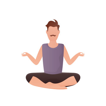 The guy sits and meditates. Isolated. Cartoon style.