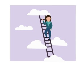illustration of a girl climbing a ladder into the clouds