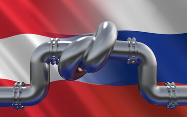 Fuel gas pipeline with a knot on background of Austria and Russian flags. EU industrial economic...