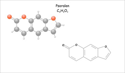 Stylized molecule model/structural formula and of psoralen. Phototoxic component in giant hogweed.