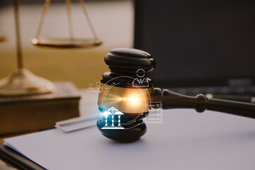 Judge gavel and legal book on wooden table, justice and law concept