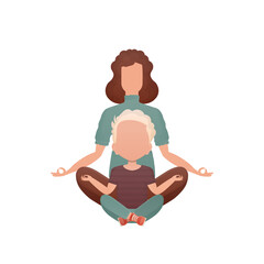 A girl with an adorable baby is sitting in the lotus position. Isolated. Cartoon style.