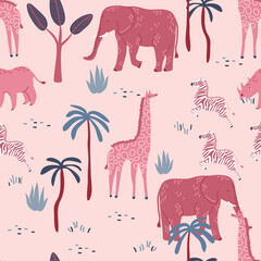 Cute Safari wild animal seamless pattern vector illustration EPS10 ,Design for fashion , fabric, textile, wallpaper, cover, web , wrapping - 503170436