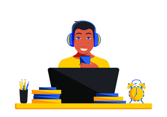 A young Ukrainian guy in headphones works at a computer remotely. Quarantine period due to the coronavirus virus. Education and learning online.  vector