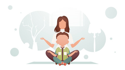 Mom and little son are sitting in the room doing yoga. Yoga. Cartoon style.