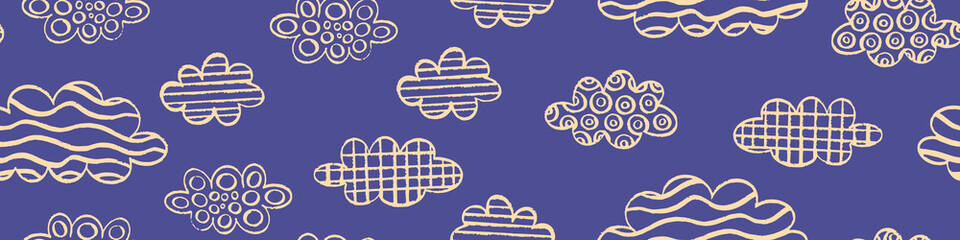 Hand drawn clouds with ornament filling. Seamless cloudscape pattern. Vector illustration.