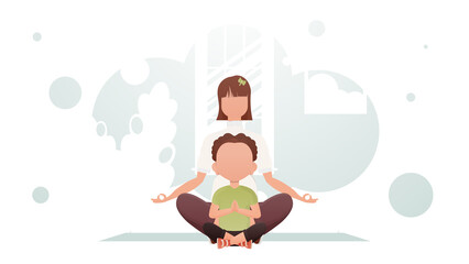 Mom and son are sitting meditating in the lotus position. Yoga. Cartoon style.