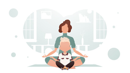 Mom and son sit in the lotus position. Yoga. Cartoon style.