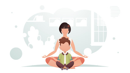 Mom and son are sitting in a room in the lotus position. Meditation. Cartoon style.