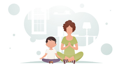 Mom and son are sitting in the room doing meditation. Meditation. Cartoon style.