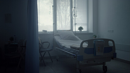 Dark empty hospital room interior with abandoned neat beds shuttered windows. - Powered by Adobe