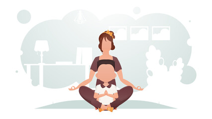 Mom and son are sitting in the room doing meditation. Yoga. Cartoon style.