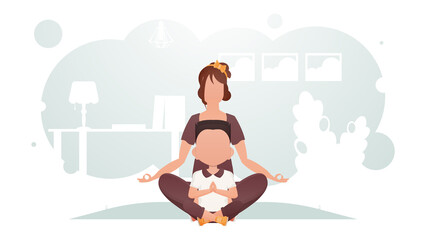 Mom and son are sitting in the room doing meditation. Yoga. Cartoon style.