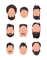 Large Set of Faces of men with different hairstyles. Isolated.