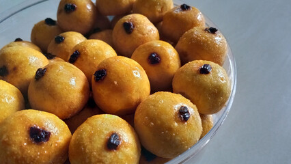 Close up view with open space of a bunch of Pineapple tart, also known as nastar, a small,...