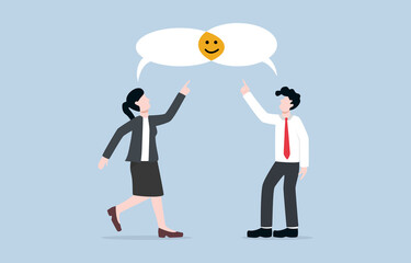 Business opinion compromise to find best solution to get benefit or solve problem. Sharing idea for conclusion concept. Employees pointing at smile face overlapped area from speech bubbles connection.