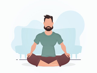 A man sits and meditates. Yoga. Cartoon style.