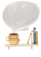 Illustration brown bookshelf with yellow blue and blue books mug with a hot drink in a scarf on a white background