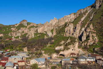 Top view of the town of Goris and the Medieval Goris Cave Dwellings on its outskirts. Armenia