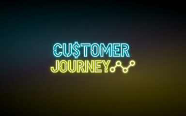 Neon style slide background saying 'customer' journey in blue and yellow color on a dark background. Useful as presenation background or chapter heading. 