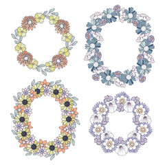 Set of floral wreaths isolated on white background. Vector frame design for greeting cards or invitations. Liberty style
