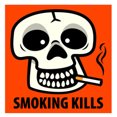 Cartoon illustration of skull smoking a cigarette, with smoking kills text, best for sticker, decoration, and ads with dangers of smoking themes