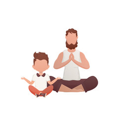 A robust man and a small boy sit meditating in the lotus position. Isolated. Cartoon style.