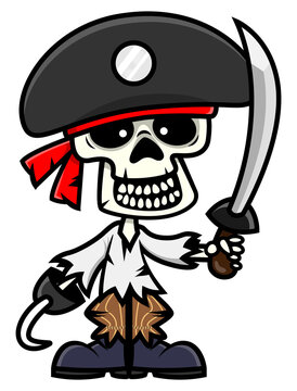 Cartoon illustration of Skeleton troops wearing captain pirates hats and hooks, holding a sword and get ready to attack treasures hunter, best for sticker and mascot with golden age of piracy themes