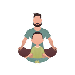 Dad and son are sitting doing yoga in the lotus position. Isolated. Cartoon style.