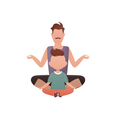 Dad and son are sitting meditating in the lotus position. Isolated. Cartoon style.