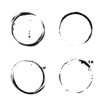 Coffee cup circle black vector stains. Round ring grunge stain. Wet cup mark and splatter. Black ink circle stains. Bottle glass or water drink marks