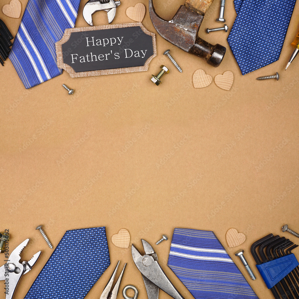 Poster happy fathers day gift tag with double border of ties and tools on a square brown paper background. 