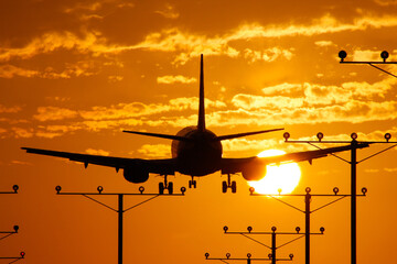 Commercial airplane landing in sunset at a runway