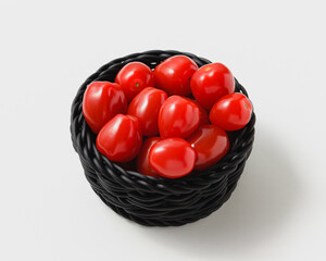 Cherry tomatoes in black basket on white background.