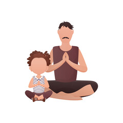 Obraz na płótnie Canvas A man with a cute little girl are sitting doing yoga in the lotus position. Isolated. Cartoon style.