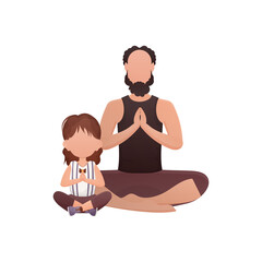 A man with a cute little girl are sitting meditating in the lotus position. Isolated. Cartoon style.