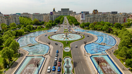 Aerial view of Unirii Square, Bucharest Romania on a sunny day. - obrazy, fototapety, plakaty