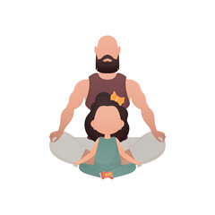 Dad and daughter are sitting meditating. Isolated. Cartoon style.