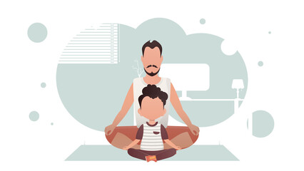A strong man and an adorable kid are sitting and doing yoga in the room. Yoga. Cartoon style.