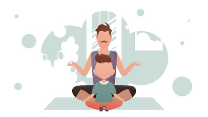 Dad and little son are sitting in the lotus position. Yoga. Cartoon style.