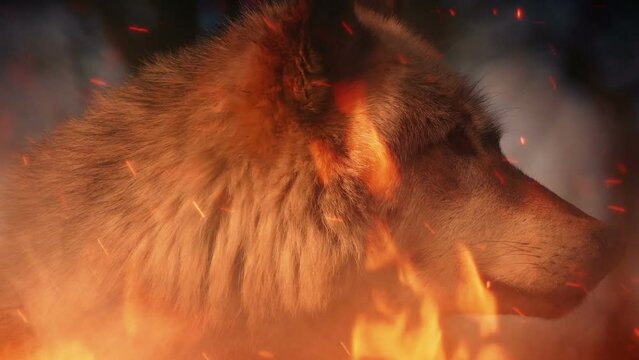 Wolf In Forest Fire Closeup
