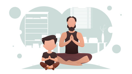Dad and son are sitting meditating in the room. Yoga. Cartoon style.