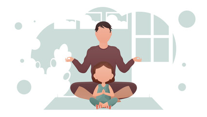 Dad and little daughter are sitting in the lotus position. Meditation. Cartoon style.